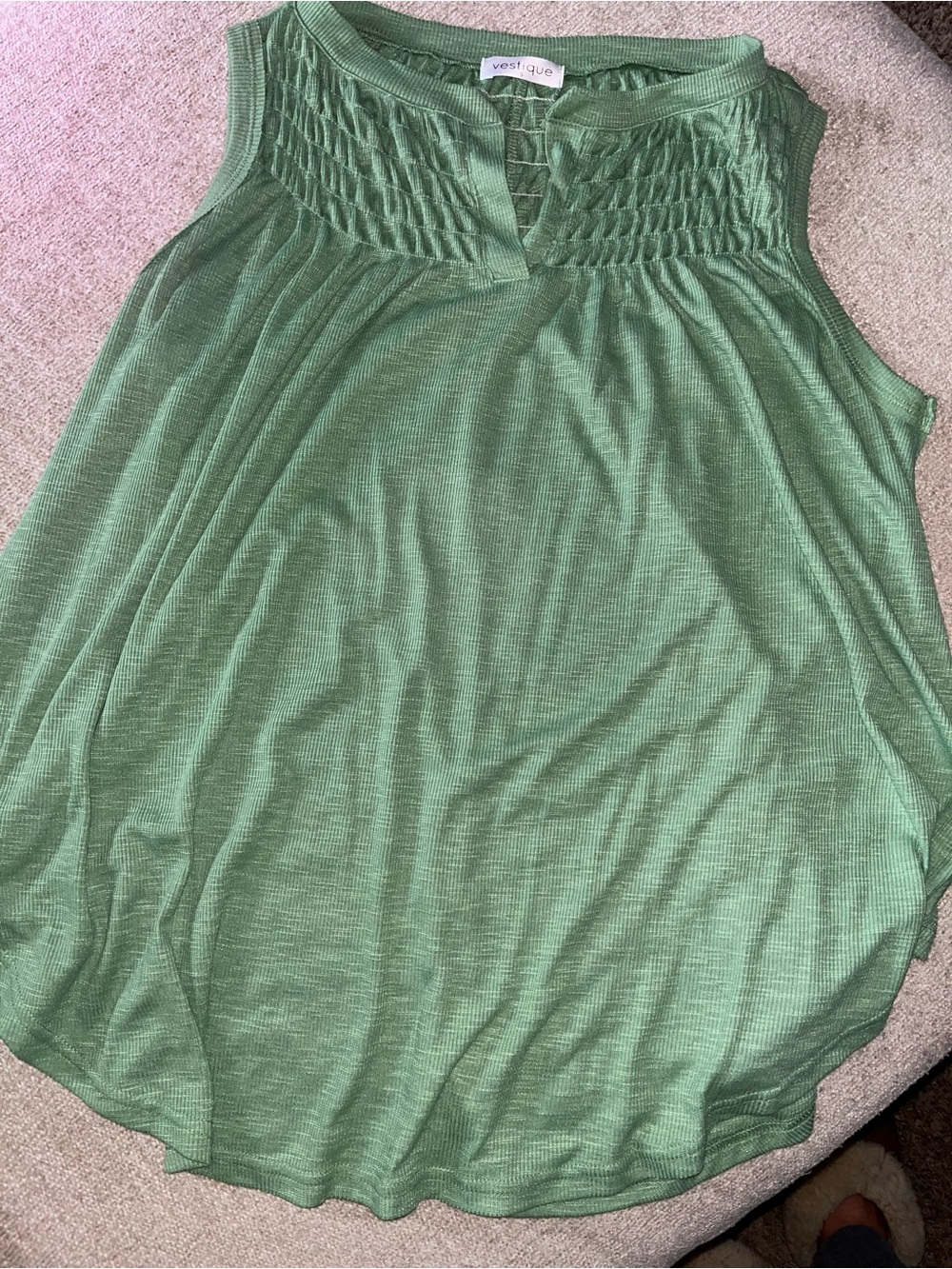 vestique Olive Green Sleeveless Smocked Yoke Tank